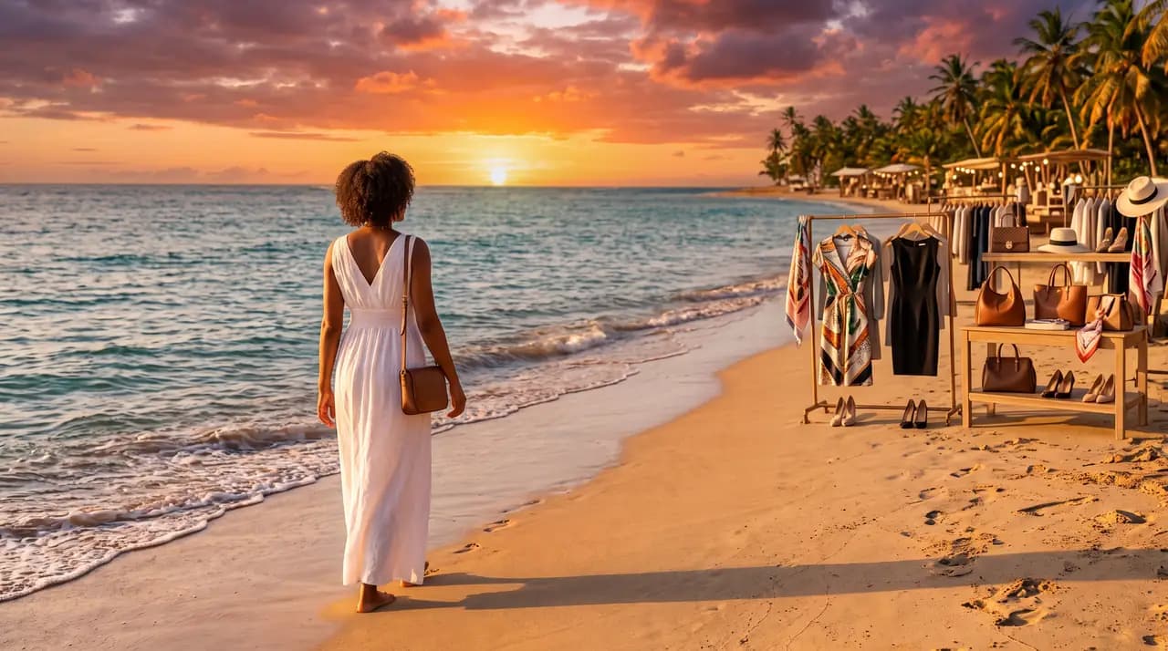Une femme en robe blanche sur une plage des Antilles au coucher du soleil, près d'un portant de vêtements de seconde main